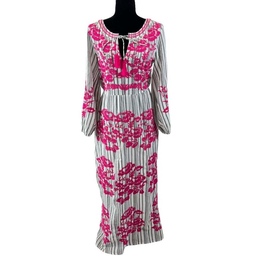 Nimo With Love Medium Maxi Dress 100% Cotton Pink Embroidered Gray Striped